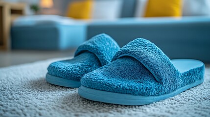 Cozy blue terry hotel slippers on soft carpet in bright bedroom. Relaxing atmosphere and comfort essentials for guests. Fresh and welcoming hospitality. National Hotel Slipper Day