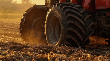 Tractor Wheel Turning Golden Field Dust