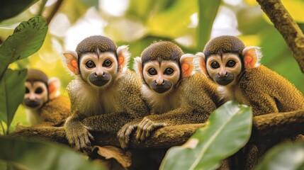 Obraz premium Three Curious Squirrel Monkeys Resting on a Branch