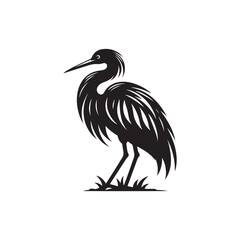 Black Color Egret Silhouette Vector Illustration, Solid White Background