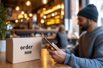 A man sits at a cafe table, engrossed in his phone while a delivery package labeled 'order now' represents modern consumerism and the ease of online shopping.