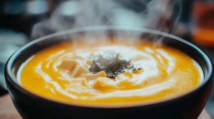 Steaming bowl of golden miso soup with tofu and seaweed its warm hues popping against a grayscale Japanese dining scene