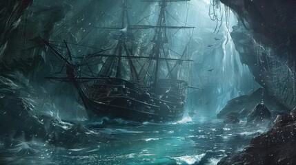 A mysterious ship is sailing in a dark cave with a blue ocean in the background.