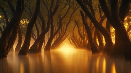 Golden Sunrise Illuminates Flooded Willow Tree Forest