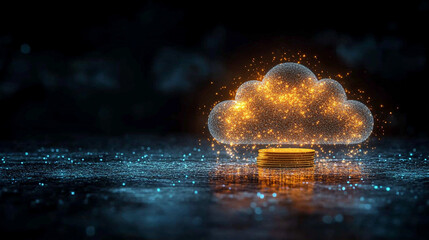 A stack of coins under a cloud, symbolizing cloud cost budgeting and optimization, set in a minimalistic, bright tone with modern blurred space and room for caption