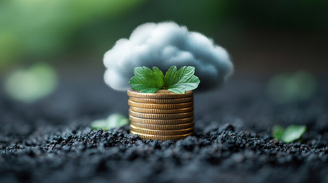 A stack of coins under a cloud, symbolizing cloud cost budgeting and optimization, set in a minimalistic, bright tone with modern blurred space and room for caption