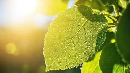 Dew Drops Adorn a Sunlit Green Leaf