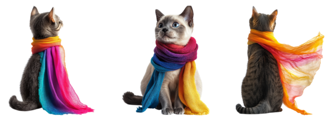 Playful cat wearing colorful scarves, isolated on transparent background