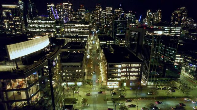 Seattle Cityscape Aerial at Night with Cars Driving Lit Street