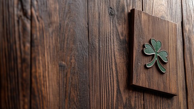 Wooden plaque with green clover on rustic wooden panel, symbolizing good luck and St Patrick's Day