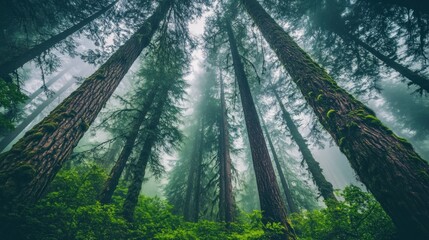 Majestic Moss Covered Trees in a Foggy Forest
