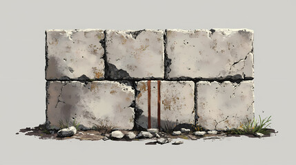 Old, weathered cinder block wall with crumbling mortar and rusty metal reinforcement bars, set against a dull gray. Cinder Edge. Illustration