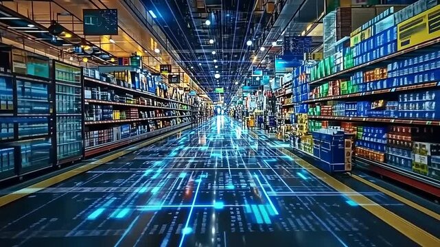 Futuristic supermarket aisle with digital overlay showcasing technology and products