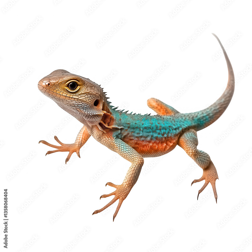 Poster lizard with a mix of blue orange and brown colors showcasing its unique patterns and textures agains