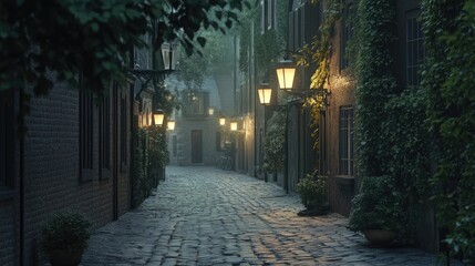 A dimly lit cobblestone alleyway with old buildings and lanterns