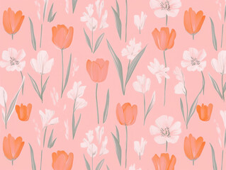 Seamless pattern of orange and white flowers with green leaves on pastel pink background, creating cute and cheerful floral design