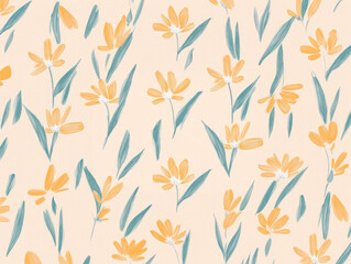 seamless pattern of yellow flowers and green leaves on pastel background creates cheerful and delicate design. floral arrangement is simple yet elegant, perfect for textiles or wallpapers