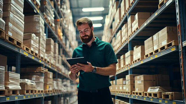 Warehouse worker organizes inventory and checks records during daytime shift in busy storage facility