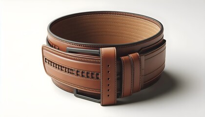 Leather weightlifting belt with reinforced stitching isolated on white background.
