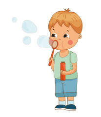 Delightful vector illustration of a boy blowing soap bubbles with a bubble wand, enjoying a playful activity. The scene conveys childhood fun and joy.