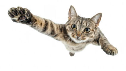 a playful tabby cat stretches its paw towards the camera showcasing its curious and lively nature against a clean white background