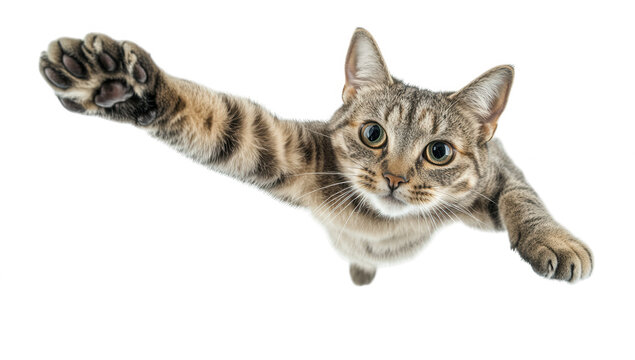 a playful tabby cat stretches its paw towards the camera showcasing its curious and lively nature against a clean white background