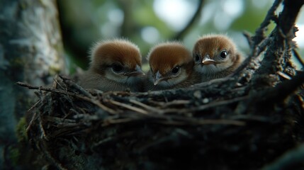 Fototapeta premium Three baby birds in a nest