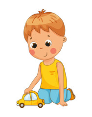 Delightful vector illustration of a boy sitting on the floor, playing with a yellow toy car. The scene captures a moment of childhood play and imagination.