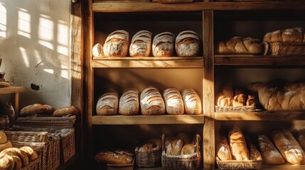 Freshly baked bread displayed on wooden shelves in a warm and cozy bakery during morning hours