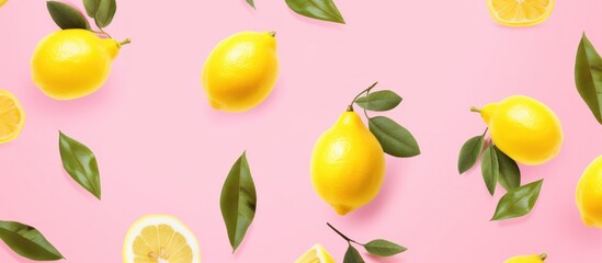 Frame fresh lemons and leaves top view flat lay on pink background