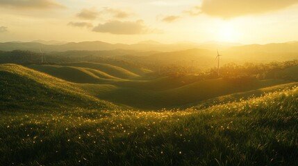 Obraz premium Golden Sunset Over Rolling Hills With Wind Turbines