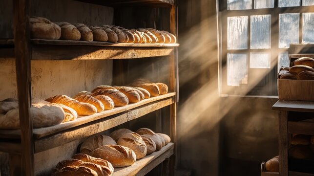 Freshly baked bread displayed on wooden shelves in a warm and cozy bakery during morning hours