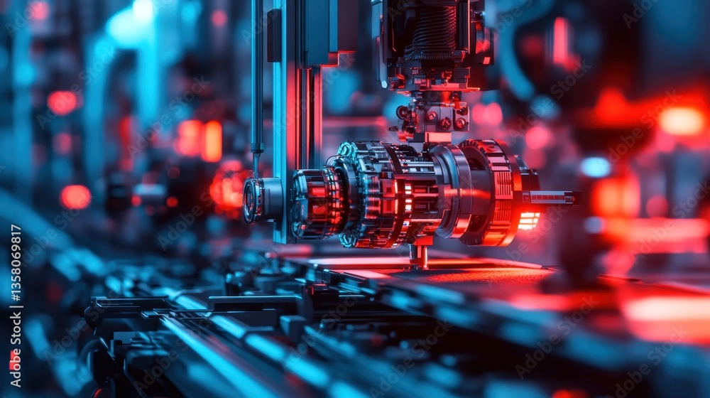 Poster robotic arm manipulating components in a futuristic assembly line with vibrant lighting