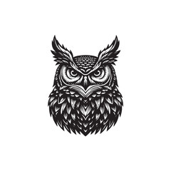 Black Color Great Horned Owl Silhouette Vector Illustration, Solid White Background