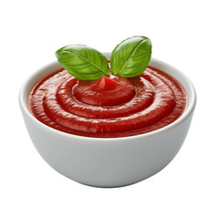 Bowl of vibrant red tomato sauce garnished with fresh green basil leaves, rich in flavor and texture isolated on transparent background, png