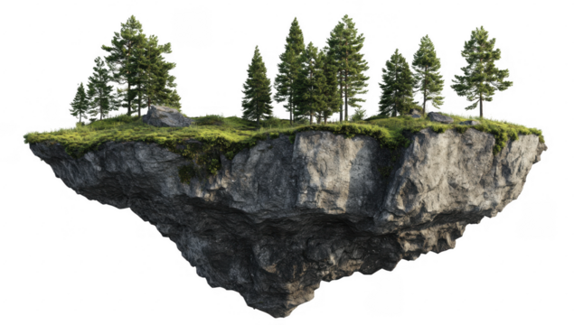 a surreal floating island featuring lush green trees atop a rocky base creating a whimsical and imaginative landscape