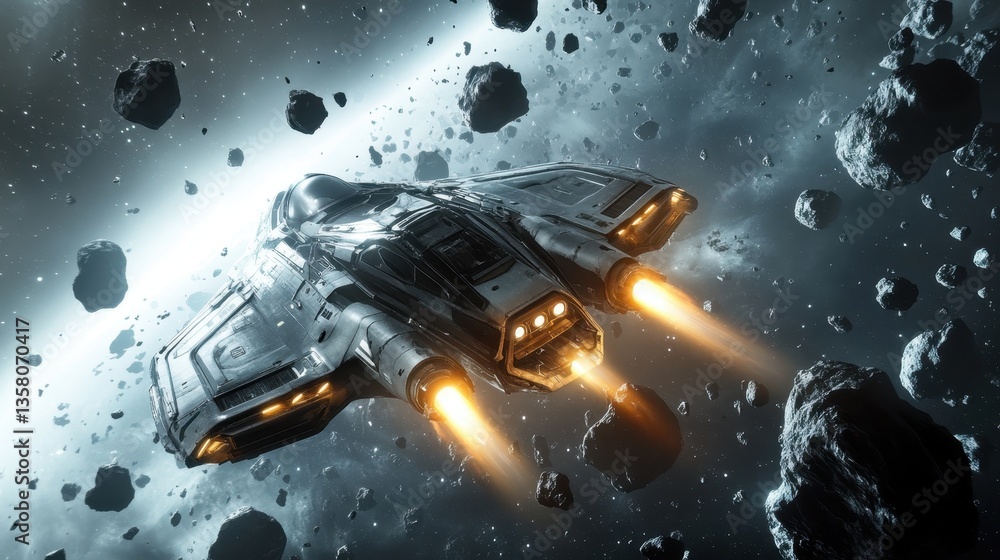 Poster spaceship navigating through an asteroid field in a distant galaxy with bright thrusters firing at d