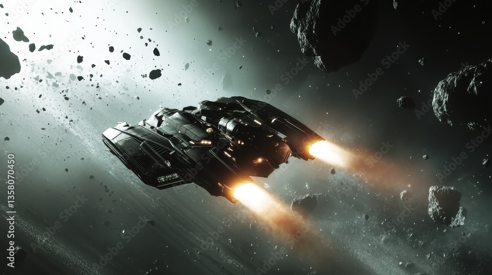 Poster spaceship navigating through an asteroid field in a distant galaxy with bright thrusters firing at d