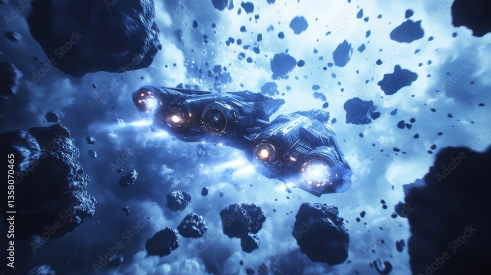 Poster spaceship navigating through an asteroid field in a distant galaxy with bright thrusters firing at d