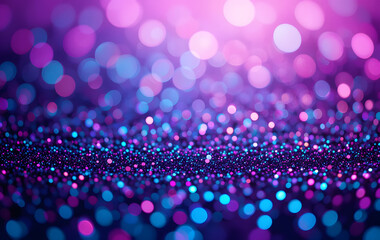 Neon glitter background. Grain texture. Defocused sparkles. Bokeh glow. Fluorescent blue magenta pink color gradient light shimmering sequin pattern. Abstract modern Purple Glitter Background 