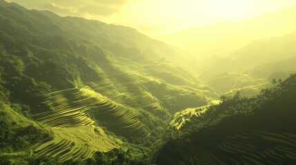 Golden Sunrise Over Lush Green Rice Terraces