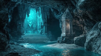Mysterious cave with glowing crystals and ancient stone steps illuminated by ethereal blue light
