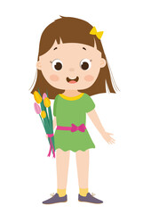 Charming vector illustration of a girl holding a colorful bouquet of flowers, expressing joy. The scene captures a moment of beauty and celebration.
