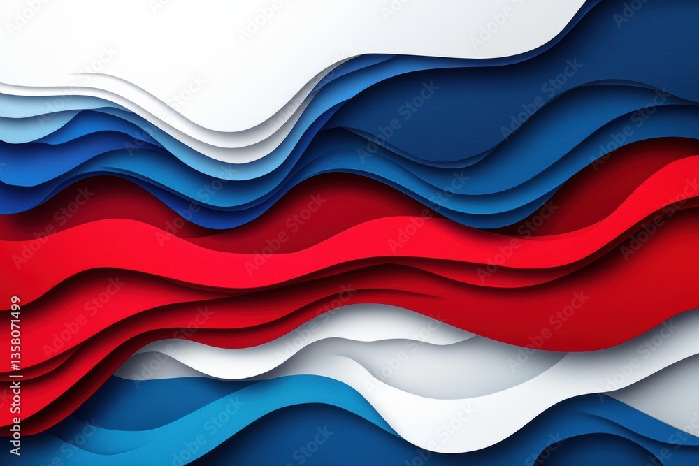 Poster Dynamic layered paper art background featuring red, blue, and white waves symbolizing movement and national pride in abstract design Generative AI