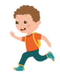 Dynamic vector illustration of a boy running with a schoolbag on his back, expressing energy and movement. The scene captures a moment of active play and childhood.