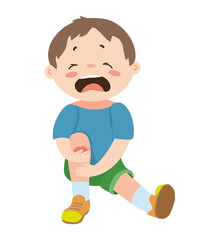 Detailed vector illustration of a boy crying with an injured knee, expressing pain. The scene captures a moment of childhood injury and emotion.