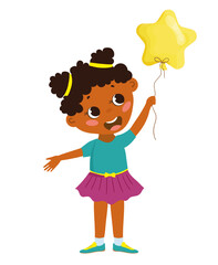 Charming vector illustration of a girl holding a yellow star-shaped balloon, expressing joy. The scene captures a moment of celebration and happiness.
