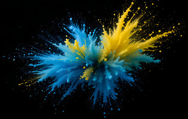 Ink water splash. Abstract blue and yellow liquid shapes against a black background. Color Explosion. Dust Particle Isolated on Black Background. Falling colored powder isolated on black background.