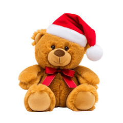 Fluffy white teddy bear wearing a festive red Santa hat, adorable plush Christmas toy isolated on transparent background, png