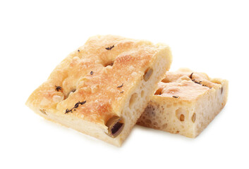 Pieces of delicious focaccia bread with olives and thyme isolated on white